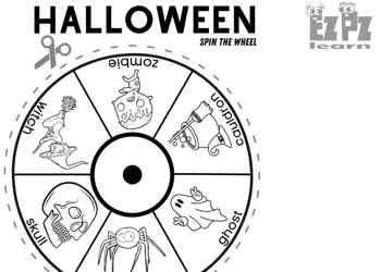 Halloween Holiday Vocabulary Word Wheel Spinner Coloring Activity for Kids 1 Free Printable PDF
